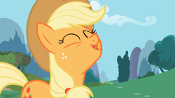 Size: 1365x768 | Tagged: safe, screencap, applejack, earth pony, pony, applebuck season, face, solo