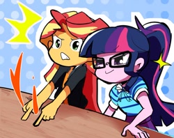 Size: 600x475 | Tagged: safe, artist:youhoujou, sci-twi, sunset shimmer, twilight sparkle, better together, equestria girls, rollercoaster of friendship, clothes, duo, female, glasses, jacket, leather jacket, scene interpretation