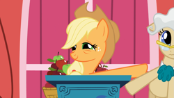 Size: 1365x768 | Tagged: safe, screencap, applejack, mayor mare, earth pony, pony, applebuck season, shove, shoving