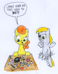 Size: 639x820 | Tagged: safe, artist:rizdub, carrot top, derpy hooves, golden harvest, earth pony, pegasus, pony, duo, traditional art