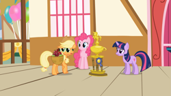 Size: 1365x768 | Tagged: safe, screencap, applejack, pinkie pie, twilight sparkle, earth pony, pony, applebuck season, balloon, great moments in animation, trophy