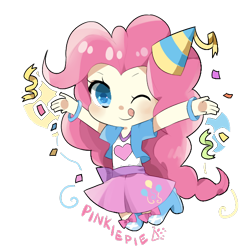 Size: 600x600 | Tagged: safe, artist:kaede benkyoo-chou, pinkie pie, human, equestria girls, colored pupils, confetti, cute, diapinkes, female, hat, human coloration, humanized, one eye closed, party hat, pixiv, simple background, solo, tongue out, transparent, transparent background, wink