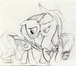 Size: 972x846 | Tagged: safe, artist:kittyhawk-contrail, applejack, fluttershy, earth pony, pegasus, pony, appleshy, female, lesbian, monochrome, rope, shipping