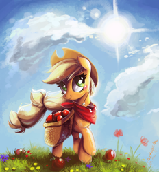 Size: 2550x2742 | Tagged: dead source, safe, artist:matrosha123, applejack, earth pony, pony, apple, bandana, glare, grass, saddle bag, scenery, solo, sun, windswept mane, working