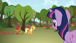 Size: 1365x768 | Tagged: safe, screencap, applejack, twilight sparkle, earth pony, pony, applebuck season, female, mare