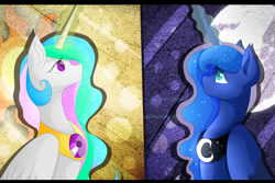 Size: 1500x1000 | Tagged: safe, artist:umimizunone, princess celestia, princess luna, alicorn, pony, looking up, magic, sitting