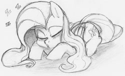 Size: 1264x766 | Tagged: safe, artist:dotkwa, fluttershy, pegasus, pony, grayscale, monochrome, sleeping, solo