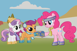 Size: 1800x1200 | Tagged: safe, artist:princeterra, pinkie pie, scootaloo, sweetie belle, earth pony, pony, g3.5, twinkle wish adventure, boots, box, clothes, earmuffs, g3.5 to g4, generation leap, hat, scarf, scene interpretation, scene parody, trio