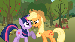 Size: 1365x768 | Tagged: safe, screencap, applejack, twilight sparkle, earth pony, pony, applebuck season, duo, long neck