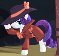 Size: 553x523 | Tagged: safe, screencap, rarity, pony, unicorn, rarity investigates, clothes, costume, detective, outfit catalog, solo