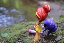 Size: 6000x4000 | Tagged: safe, artist:artofmagicpoland, sci-twi, sunset shimmer, twilight sparkle, equestria girls, doll, equestria girls minis, female, forest, lesbian, looking towards, river, scitwishimmer, shipping, standing, sunsetsparkle, toy, wet