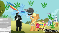 Size: 1600x900 | Tagged: safe, derpibooru import, applejack, rainbow dash, earth pony, pegasus, pony, 420, blaze it, blingee, drugs, exploitable meme, meme, numbers, snoop dogg, spongebob squarepants