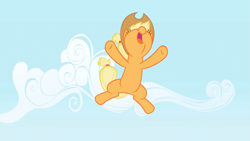 Size: 1365x768 | Tagged: safe, screencap, applejack, earth pony, pony, applebuck season, falling, happy, incoming hug, jumping, landing, smiling, solo