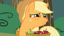 Size: 1365x768 | Tagged: safe, screencap, applejack, earth pony, pony, applebuck season, reaction image, solo, tired