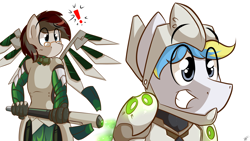 Size: 7168x4032 | Tagged: safe, artist:fleet-wing, oc, oc only, oc:cirrus sky, anthro, hippogriff, absurd resolution, artificial wings, augmented, bowtie, clothes, cosplay, costume, exclamation point, genji (overwatch), glasses, healing, mechanical wing, mercy, overwatch, smiling, staff, video game, wings