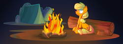 Size: 10000x3565 | Tagged: safe, artist:foxy-noxy, applejack, earth pony, pony, campfire, camping, fire, log, sitting, solo, tent