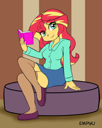 Size: 800x1000 | Tagged: safe, artist:empyu, sunset shimmer, equestria girls, book, female, looking at you, solo