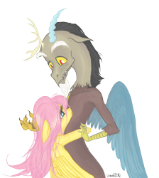 Size: 994x1109 | Tagged: safe, artist:vautaryt, discord, fluttershy, pegasus, pony, discoshy, female, hug, male, shipping, straight