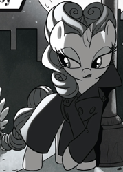 Size: 682x953 | Tagged: safe, idw, rarity, pony, unicorn, spoiler:comic, helga bugart, monochrome, noir, outfit catalog, solo