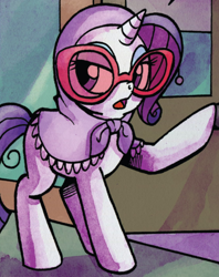 Size: 554x701 | Tagged: safe, idw, rarity, pony, unicorn, spoiler:comic, clothes, costume, disguise, manehattan, outfit catalog, solo