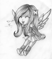 Size: 1024x1160 | Tagged: safe, artist:akaneayoshinari, fluttershy, human, chibi, cute, grayscale, humanized, monochrome, solo, winged humanization, yay