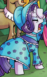 Size: 840x1374 | Tagged: safe, idw, cranky doodle donkey, matilda, rarity, donkey, pony, unicorn, spoiler:comic, clothes, costume, crankilda, facehoof, outfit catalog