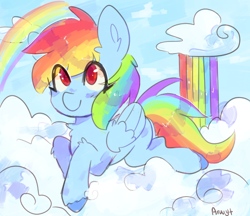 Size: 580x500 | Tagged: safe, artist:aarwyt, derpibooru import, rainbow dash, pegasus, pony, cloud, cute, dashabetes, rainbow, solo