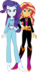 Size: 3632x7000 | Tagged: safe, artist:limedazzle, rarity, sunset shimmer, equestria girls, boots, clothes, female, high heel boots, lesbian, looking at you, pants, shipping, shoes, simple background, smiling, sunsarity, tanktop, transparent background