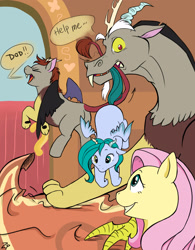 Size: 2496x3200 | Tagged: safe, artist:zacepka, discord, fluttershy, oc, hybrid, pegasus, pony, discoshy, eyes closed, family, female, frown, grin, interspecies offspring, male, mouth hold, offspring, open mouth, parent:discord, parent:fluttershy, parents:discoshy, shipping, smiling, straight, tail pull, wide eyes