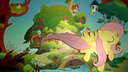 Size: 1280x720 | Tagged: safe, artist:yourmajestysenpai, fluttershy, bird, pegasus, pony, cottage, home, lens flare, river, stream, vector, wallpaper