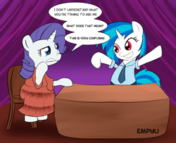 Size: 1000x810 | Tagged: safe, artist:empyu, dj pon-3, rarity, vinyl scratch, pony, unicorn, 30 minute art challenge, charades, clothes, confused, dress, mute, mute vinyl, necktie, shirt, sign language, talk show, wrong eye color