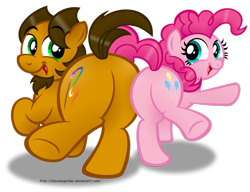 Size: 1024x785 | Tagged: safe, artist:aleximusprime, pinkie pie, oc, oc:alex the chubby pony, earth pony, pony, balloonbutt, butt bump, butt to butt, butt touch, canon x oc, cute, flank, plot, plot pair, ponysona, simple background, transparent background