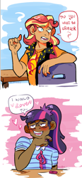 Size: 757x1633 | Tagged: safe, artist:maddzroks, sci-twi, sunset shimmer, twilight sparkle, better together, equestria girls, blushing, broadway, female, geode of empathy, heart, human coloration, lesbian, mean girls, ponytail, reference, scitwishimmer, shipping, song reference, stupid with love, sunsetsparkle