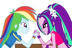 Size: 6000x4000 | Tagged: safe, artist:spottedlions, derpibooru import, aria blaze, rainbow dash, better together, equestria girls, rainbow rocks, absurd resolution, arm wrestling, clothes, friendshipping, hands together, midriff, simple background, table, white background