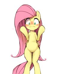 Size: 729x896 | Tagged: safe, artist:30clock, fluttershy, pegasus, pony, belly, bipedal, blushing, both cutie marks, simple background, solo