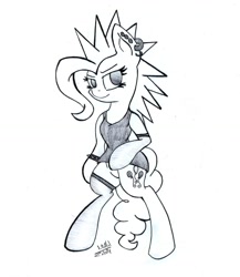 Size: 1024x1182 | Tagged: safe, artist:cyanyeh, pinkie pie, earth pony, pony, semi-anthro, clothes, earring, metal, monochrome, punkie pie, simple background, solo, stockings, tanktop