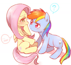 Size: 1559x1416 | Tagged: safe, artist:merryyy87, derpibooru import, fluttershy, rainbow dash, pegasus, pony, blushing, confused, cute, female, flutterdash, hnnng, lesbian, looking at each other, mare, question mark, shipping, simple background, sweat, white background, wingless