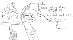 Size: 703x384 | Tagged: safe, artist:silfidum, princess celestia, alicorn, pony, cake, cakelestia, dialogue, monochrome, simple background, solo, white background