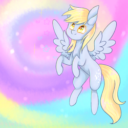 Size: 2012x2000 | Tagged: safe, artist:penkiepuu, derpy hooves, pegasus, pony, female, flying, looking up, mare, rainbow background, solo