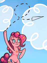 Size: 638x850 | Tagged: dead source, safe, artist:zilvtree, pinkie pie, earth pony, pony, female, mare, paper airplane, pink coat, pink mane, solo