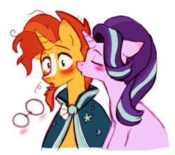 Size: 787x698 | Tagged: safe, artist:zubastyypersik, starlight glimmer, sunburst, pony, unicorn, blushing, eyes closed, female, glasses off, kiss on the cheek, kissing, male, mare, shipping, smooch, stallion, starburst, straight, surprised