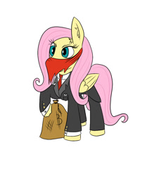 Size: 950x1100 | Tagged: safe, artist:cromachy, fluttershy, pegasus, pony, bandana, bits, clothes, mask, solo, suit