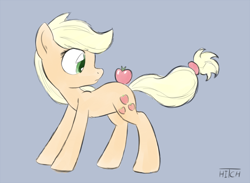 Size: 800x586 | Tagged: safe, artist:hitch, applejack, earth pony, pony, apple, looking back, simple background, solo