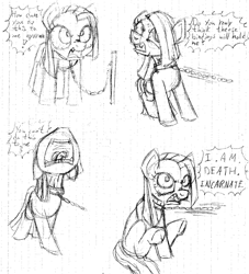 Size: 1280x1409 | Tagged: safe, artist:adlaz, pinkie pie, earth pony, pony, angry, chained, collar, dragging, monochrome, pinkamena diane pie, rage, tantrum, time out, traditional art, yelling