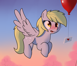 Size: 1501x1288 | Tagged: safe, artist:neuro, derpy hooves, pegasus, pony, balloon, blushing, cute, derpabetes, female, flying, letter, mare, solo