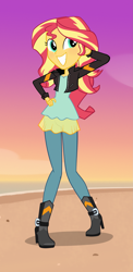 Size: 1441x2960 | Tagged: safe, artist:invisibleink, sunset shimmer, equestria girls, forgotten friendship, friendship games, arm behind head, beach, blushing, boots, clothes, commission, cute, female, full body, jacket, shoes, smiling, solo, sunset