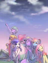 Size: 1300x1700 | Tagged: safe, artist:quizia, derpibooru import, applejack, fluttershy, pinkie pie, rainbow dash, rarity, spike, twilight sparkle, equestria girls, alternate hairstyle, bow, clothes, dress, equestria girls-ified, female, hair bow, human spike, male, mane seven, mane six, ponytail