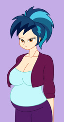 Size: 633x1200 | Tagged: safe, artist:0024387, indigo zap, human, equestria girls, bedroom eyes, belly, big belly, big breasts, breasts, busty indigo zap, cleavage, female, hand on belly, looking at you, ponytail, pregnant, pregnant equestria girls, solo