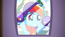 Size: 1920x1080 | Tagged: safe, derpibooru import, screencap, rainbow dash, pegasus, pony, best gift ever, against glass, beanie, boots, clothes, cute, dashabetes, female, glass, gloves, hat, mare, scarf, shoes, snow, solo, window, winter