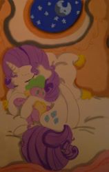 Size: 1210x1920 | Tagged: safe, artist:thorinstrawberry, rarity, spike, dragon, pony, unicorn, bedroom, cute, plushie, sleeping, spike plushie, traditional art